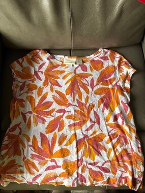 Cynthia Rowley White Linen Top with Orange & Pink Leaf Motif